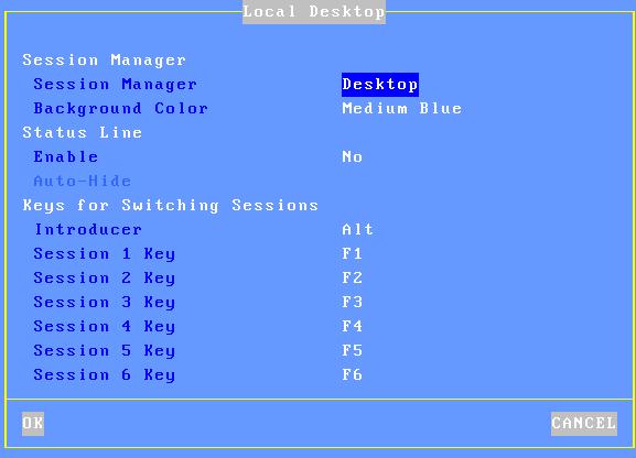 Interactive Set-Up Select the [Configuration]-[Sessions]-[Local Desktop] menu: 3.6.1 - Session Manager When no session is connected a specific screen is displayed. This is the 'session manager'.