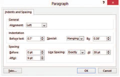 Working with Text 97 The Line Spacing drop-down list in the Paragraph dialog box enables you to select from these settings: Single: Sets the spacing to what single spacing would be for the font size