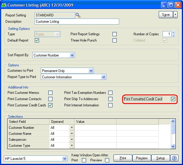 Selecting the Display Formatted Credit Card and/or Print Formatted Credit Card check box in User Maintenance gives permission to display the cardholder data in its unmasked form.