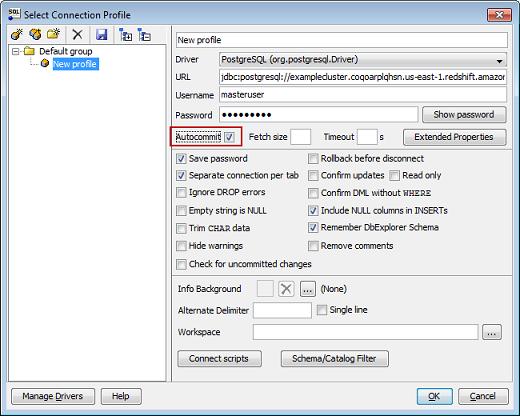 In the Select Connection Profile window, set up a connection. a. Select the Autocommit check bo