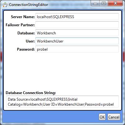 Fig 12. Workbench Database Connection Settings 3. Either, type the server details, or edit the Database Connection String.. Note: The Server Name can be an IP address or a name.