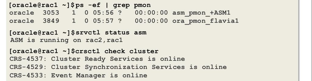 Oracle Database 11gR2 with ASM [oracle@rac1 ~]$ srvctl stop asm -n rac1 -o abort CHECK -f THE STATUS OF ASM & RAC