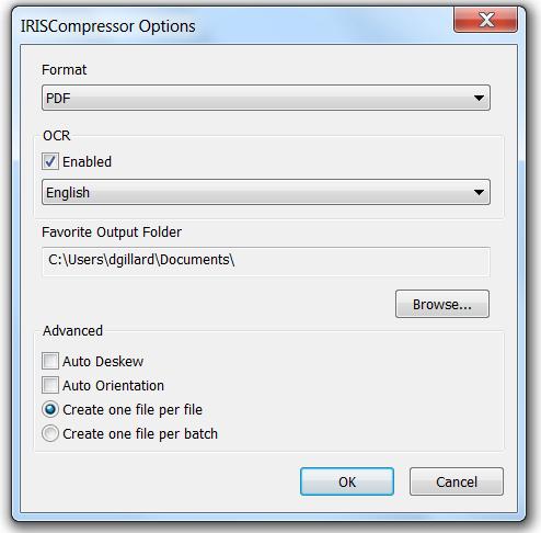 Using IRISCompressor Pro Format Select the output format you want to generate: PDF or XPS. Important note: Adobe Reader is recommended to open compressed PDF files on a mobile OS (e.g. on an ipad or Android tablet) OCR Select Enabled in case you want IRISCompressor to recognize the text in your images.