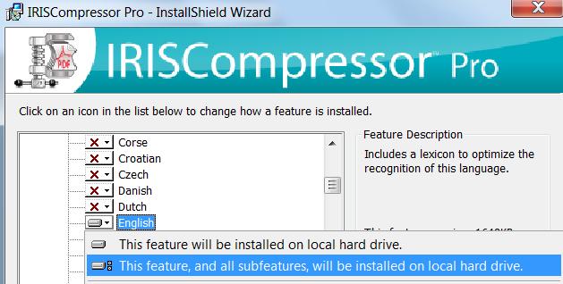 IRISCompressor Pro: Select the languages in which you want IRISCompressor to recognize documents, and click Install. You can select up to 5 languages.