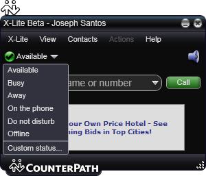 CounterPath Corporation Setting your Availability Changing your Availability Click the down arrow beside the availability indicator on X-Lite Beta, and select the desired availability.
