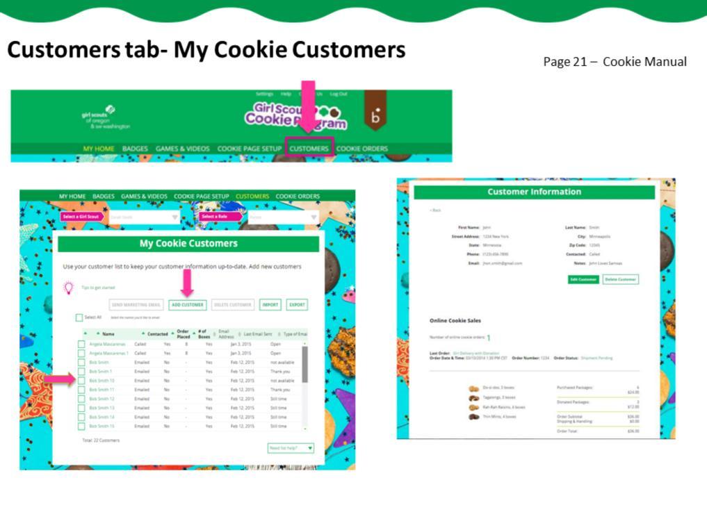 The first section of the Customer page is My Cookie Customers.