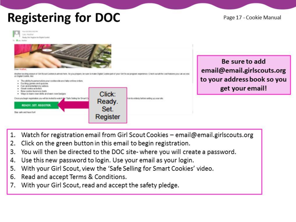 Watch for your parent registration email from the Girl Scout Cookies.org. Click on the green button in the email. Once you click on the link you ll be on the Digital Order Card site.