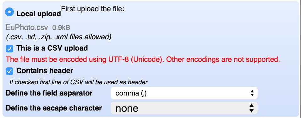 2.2 Import CSV Import options CSV file in UTF-8 encoding n Each line holds metadata about a digitized