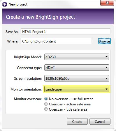 Note: Setting the Monitor Orientation to Portrait in BrightAuthor versions 3.8.0.x or later may cause undesirable scaling in HTML pages.