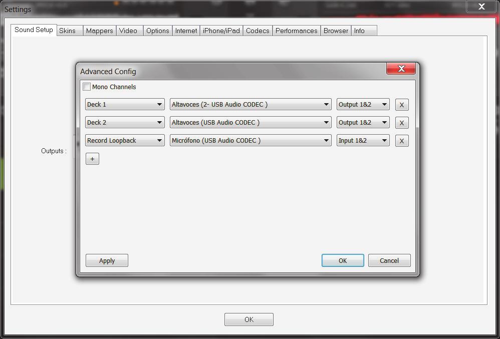 VIRTUAL DJ Select Advanced Config on the Sound Setup window of Virtual DJ. Remember it is only necessary if you need to record the master signal. If not you can select EXTERNAL MIXER.