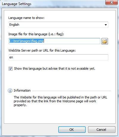 The Language Settings window presents the following options: Language name to show: you can enter the name of the language you want to make available.