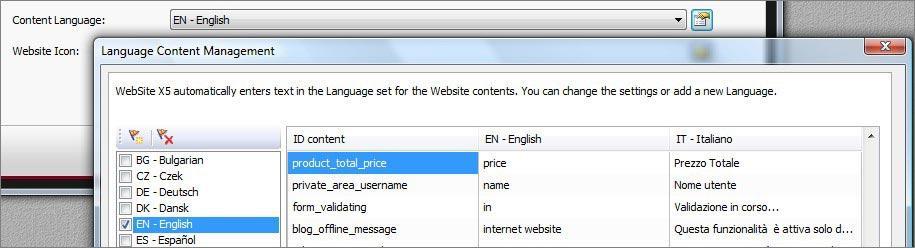 WebSite X5 offers a number of default languages, including English, Italian and German, with the necessary translations.