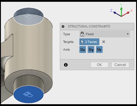 Constrain the Small Pin Fully fix the end faces of the small pin. 1. In the CONSTRAINT panel of the SIMULATION toolbar, click Structural Constraints, which is the default command in this panel.