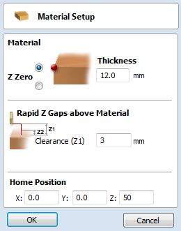 4. Select the Material Setup icon from the Toolpath Operations icons on the Toolpaths tab and specify the Rapid Clearance Gap to be 3.