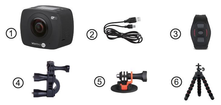 What s Included 1. Wi-Fi Action Camera 2. USB Cable 3. Remote Control 4. Bicycle Mount 5. Helmet Mount with 3M Sticker 6.