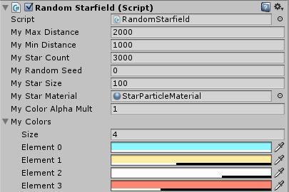 Starfield Scripts Random Starfield This is the script for generating 3D starfields. It will place stars at random positions between Min Distance and Max Distance.