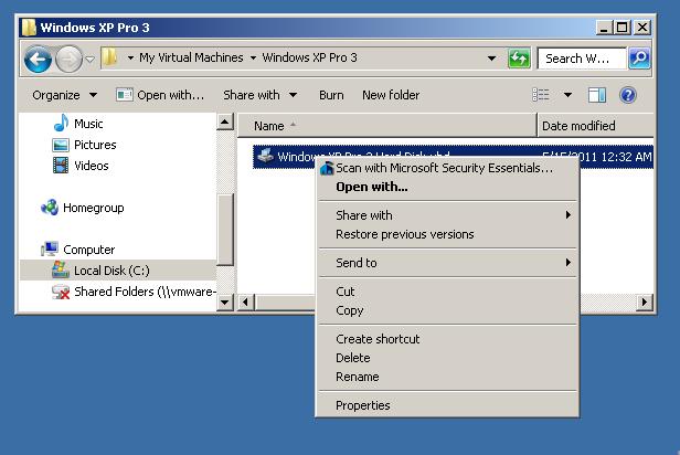 virtual machine folder: Use the right mouse button to perform
