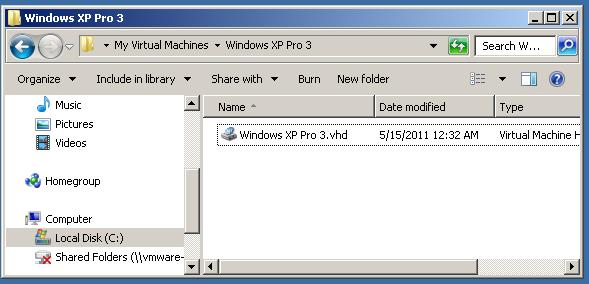 * Type in an appropriate name for the new.vhd file: In our example, we typed in Windows XP Pro 3.