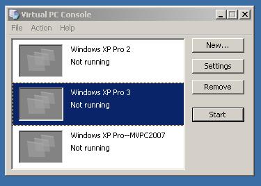 Click on the "Finish" button. The new virtual machine now appears in the "Virtual PC Console".