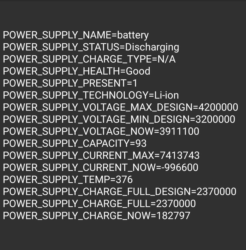 3. Batéria Obr. 3.1: Ukážka dát z batérie Na obrázku 3.1 je zobrazený výstup zo súboru uevent, zo zariadenia Sony Xperia Z 3.