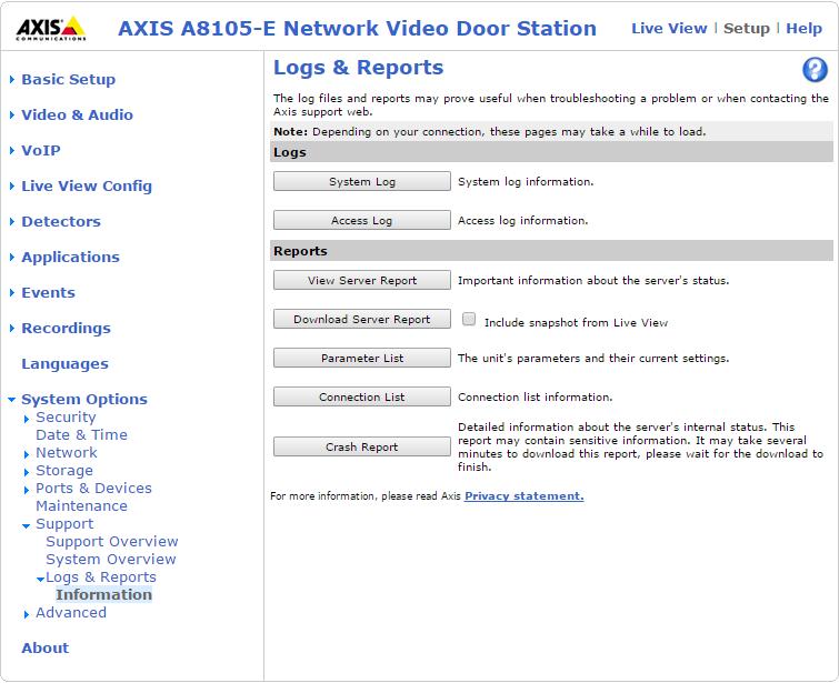 If there is an issue with a call from the Axis door phone then there are logs that can be accessed that may show some further information for the issue.