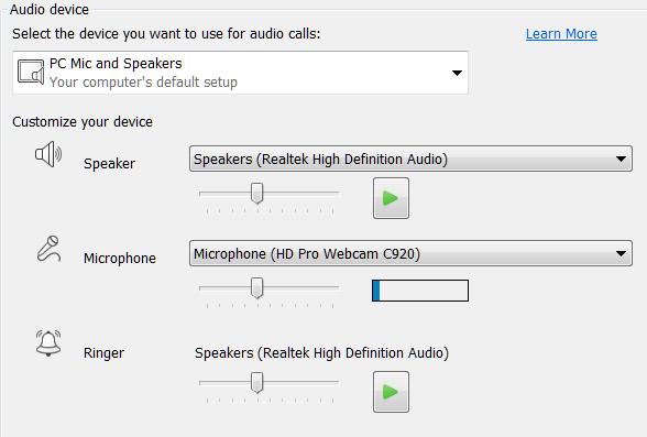 3. On the Audio device screen, make sure In Speaker, the desired speakers are selected In Microphone, the desired microphone is selected.