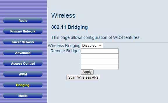 To access the Bridging page: 1 Click Wireless in the menu bar. 2 Then click the Bridging submenu. Figure 36 shows an example of the menu and Table 29 describes the items you can select. Figure 36. Example of Bridging Page Table 31.