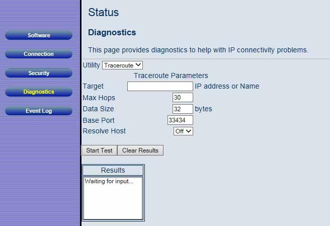 Figure 8. Example of Diagnostics - Traceroute Page To run either utility: 1 Select the utility from the Utility drop-down list.