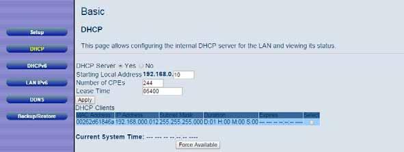DHCP The DHCP page allows you to configure your Cable Modem/Router s DHCP server. To access the DHCP page: 1 Click Basic in the menu bar. 2 Then click the DHCP submenu.