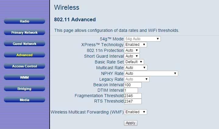 Advanced The Advanced page allows you to configure advanced wireless settings. Most users will have no need to change these settings.