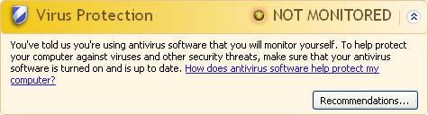 FAQ, Tips Virus protection NOT MONITORED If you receive the following message from the Windows Security Center, you have decided that you want to monitor your anti-virus software yourself.