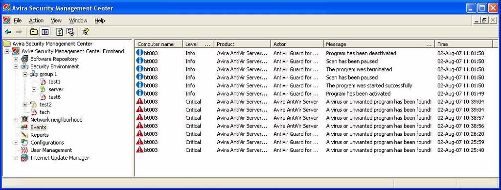 Operation 6.4 Viewing Events Events Node Every Avira product triggers specific events, which are collected by Avira SMC and displayed by SMC Frontend.