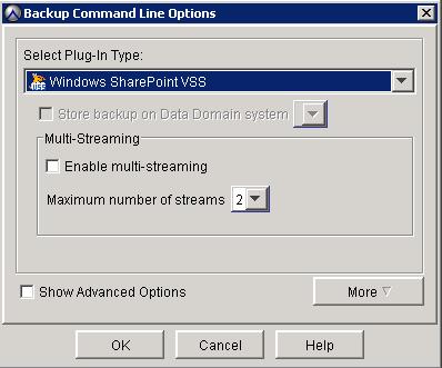 Backup 9. Click More Options. The Backup Command Line Options dialog box appears, as shown in the following figure. 10. Set the plug-in options: a.