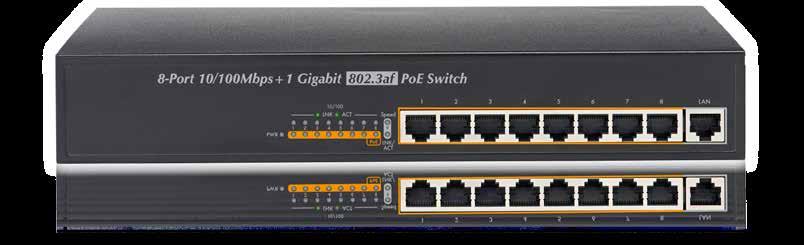 Specifications Ports 8-Port RJ-45 for 10/100Base-TX (1~8) 1-Port RJ-45 for 10/100/1000 Base-T (LAN) PoE Standard IEEE 802.3af Power over Ethernet/PSE PoE Power Output Per Port 48V DC, Max. 15.