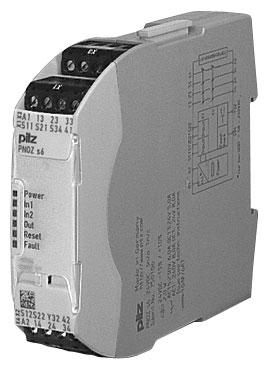 Two-hand control unit for press controllers and safety circuits Approvals Unit features Positive-guided relay outputs: 3 safety contacts (N/O), instantaneous 1 auxiliary contact (N/C), instantaneous