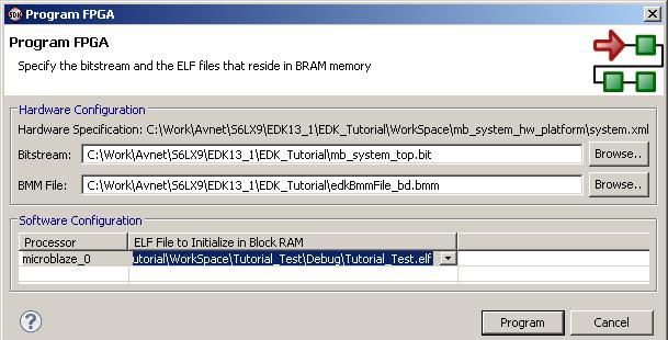 3) Select Tutorial_Test.elf to Initialize to Block RAM. This will merge the Tutorial_Test.elf file with our bitstream. Figure 2 - Merging SDK Application with FPGA Bitstream 4) Click Program.