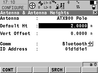 6 Configuring the Antenna Description The settings on this screen define the antenna and the default height for the antenna. Access. Configuring CONT (F1) To accept the screen entries and continue.