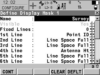 9 Configuring the Display Mask Description Display settings define the parameters shown on the main page of the Survey program. The settings on this screen define the layout of the display mask.