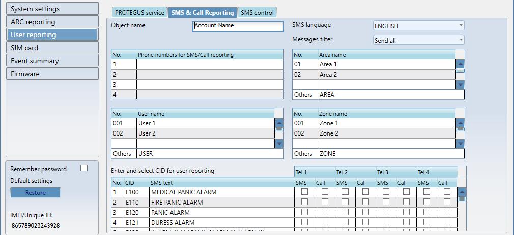 User reporting window SMS & Call Reporting tab Received event and internal communicator events messages can be reported to the users mobile phones via SMS messaging and calls.