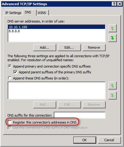 Ensure that the Register this connection s addresses in DNS option is not selected for all the NICs.