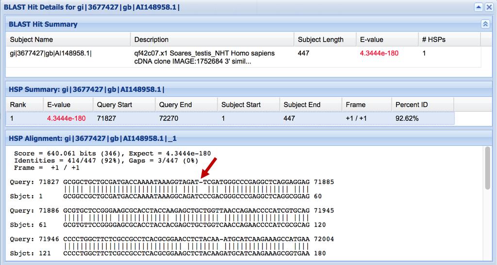 Now find the corresponding region in the blastn results against the human EST database, and look at the matches there.