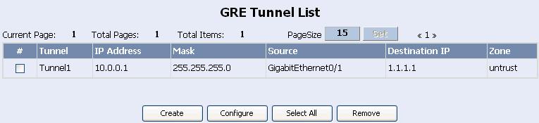 Web-Based Configuration Manual VPN Configuration Chapter 3 GRE Configuration Figure 3-4 GRE configuration page Complete the following tasks to configure GRE: Task Configuring a GRE Tunnel Display GRE