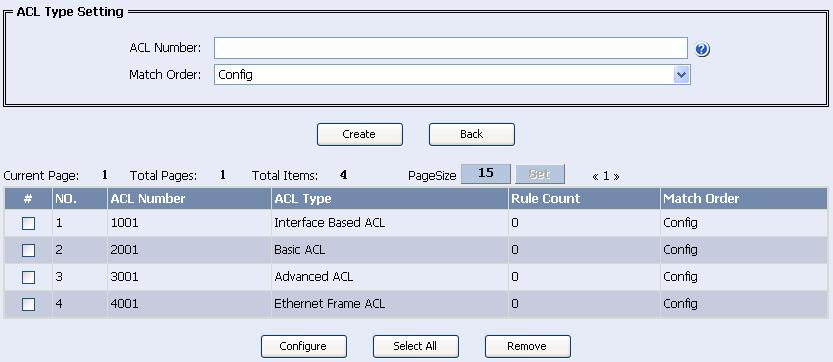Web-Based Configuration Manual Firewall Configuration Chapter 3 ACL Configuration 3.3.2 Configuring ACL Click the ACL Setting button in the ACL configuration page to enter the configuration page as shown in Figure 3-3.