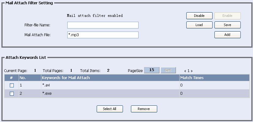 Web-Based Configuration Manual Firewall Configuration Chapter 5 Mail Filtering Configuration Click the Attach Filter tab to enter the mail attachment filtering configuration page, as shown in Figure