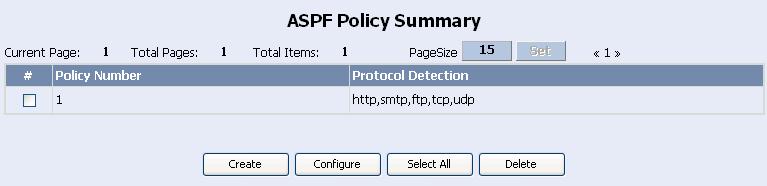 Web-Based Configuration Manual Firewall Configuration Task Configuring Policy List Configuring the Policy on Interface Chapter 10 ASPF Configuration Description Click the Policy List tab to create or