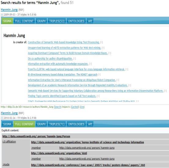 (a) An example of semantic data search results with Sindice, which shows a view of what seem to be the "main topic", full content, RDF triples, ontologies used by URIs and so on.