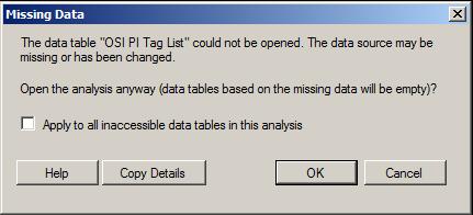 Error Message when opening a DXP file containing data from PI or AF Most likely the DXP file contains linked data created using the Custom Datasource and one of the two previous issues is