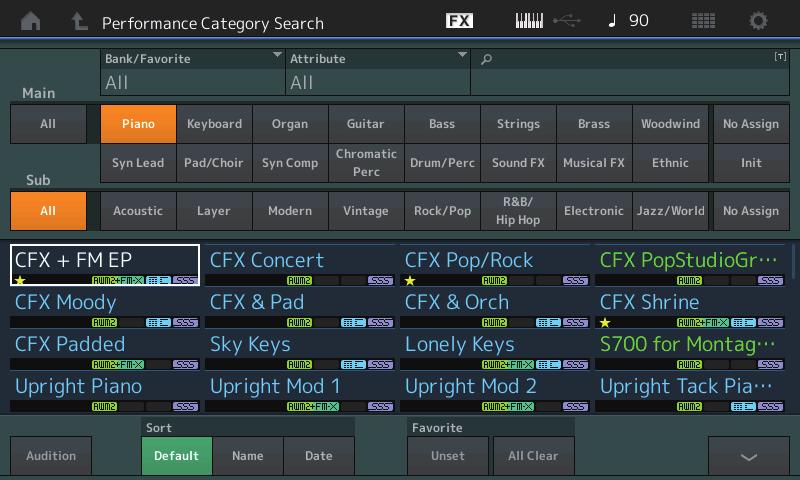Category Search Performance Category Search, Arpeggio Category Search, Waveform Category Search The Favorite function has been added, giving you quick access to the sounds and Arpeggios you want has