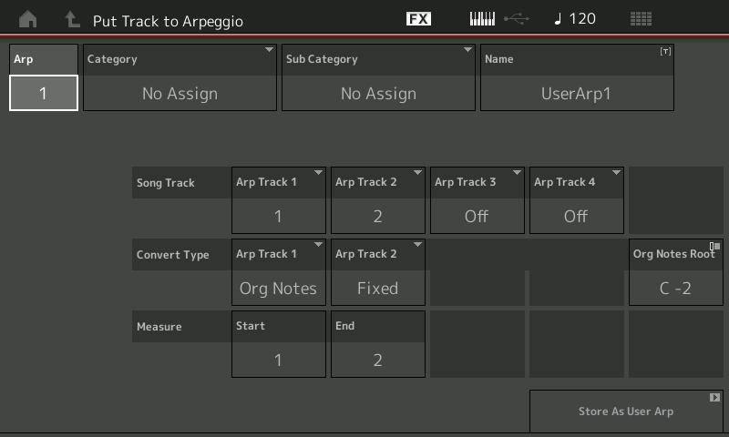 Put Track to Arpeggio This function copies data in the specified measures of a track for creating Arpeggio data. Up to 16 unique note numbers can be recorded to the Arpeggio track.