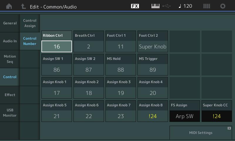 Common/Audio Edit (Common/Audio) Control Control Number When the same control number is assigned to the Super Knob and any Assignable Knob, the Super Knob takes priority and operation of the